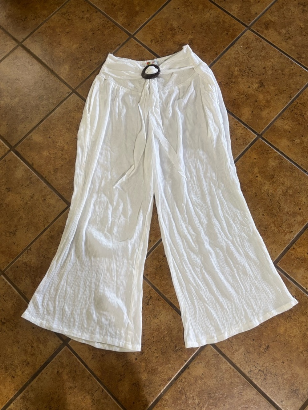 White Wide-Leg Swim Coverup Pants with Belt